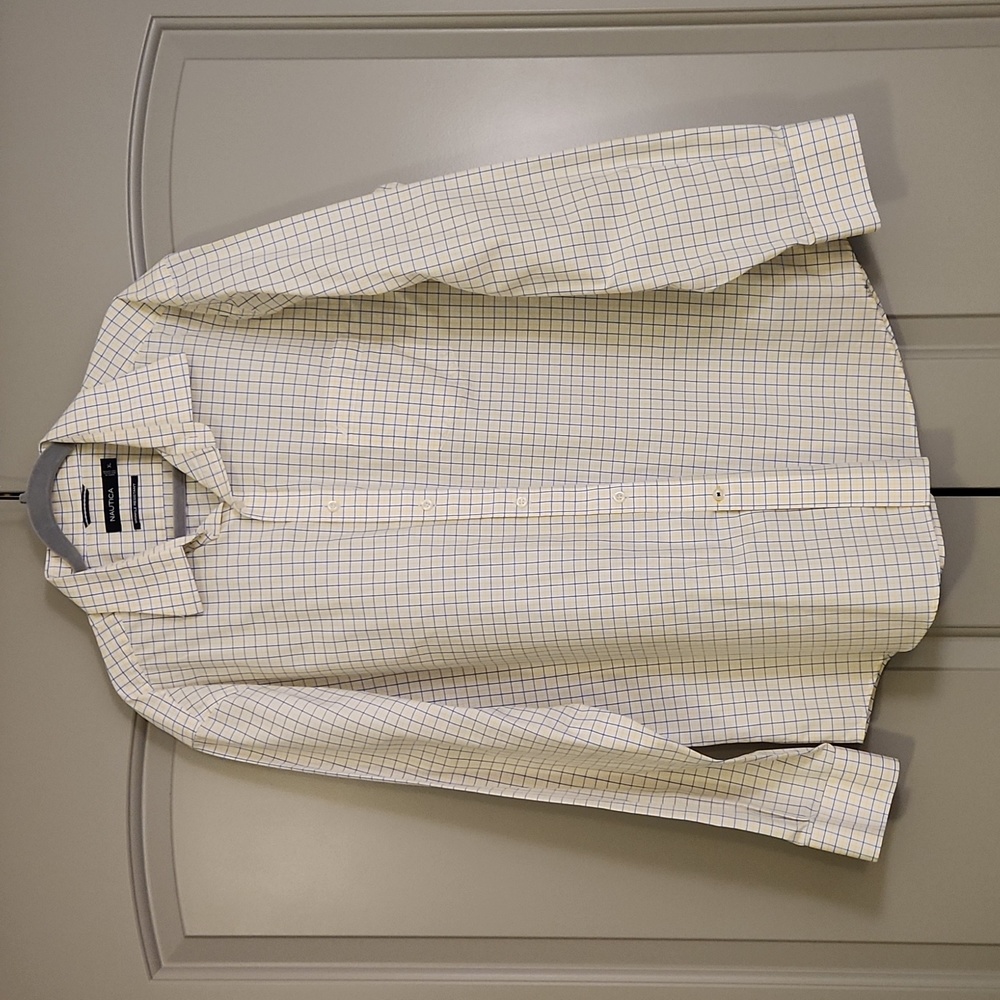 Nautica blue and yellow plaid button up